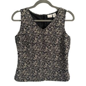 Merona Paisley Sleeveless Silk Top V Neck Black Beige Blouse Career Office Small